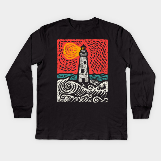 Beacon in the Storm | Linocut Lighthouse Art Kids Long Sleeve T-Shirt by TuncGK