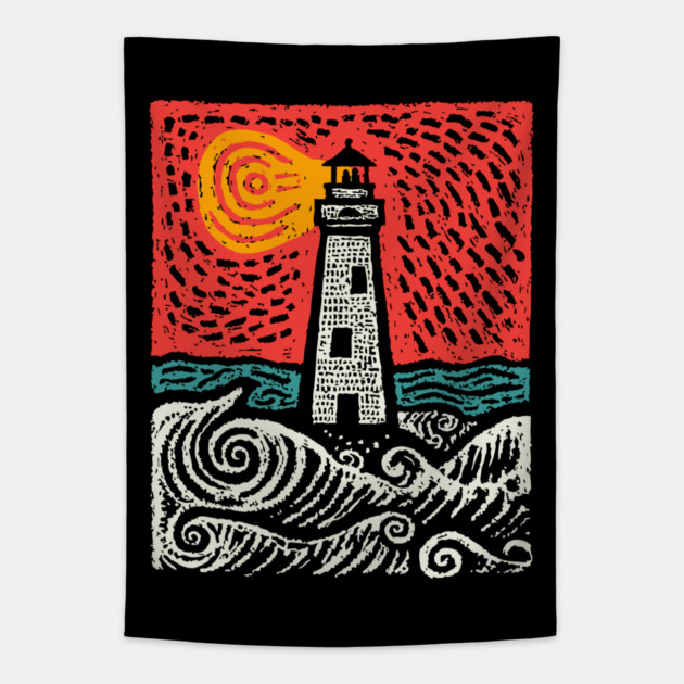 Beacon in the Storm | Linocut Lighthouse Art Tapestry by TuncGK