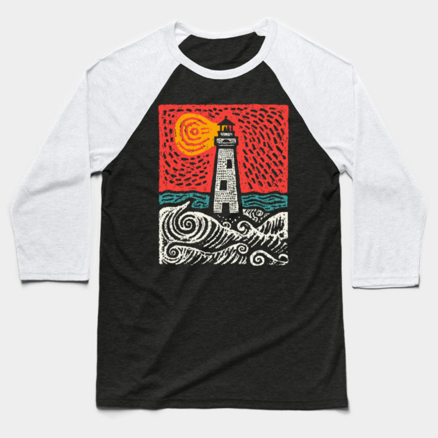 Beacon in the Storm | Linocut Lighthouse Art Baseball T-Shirt by TuncGK