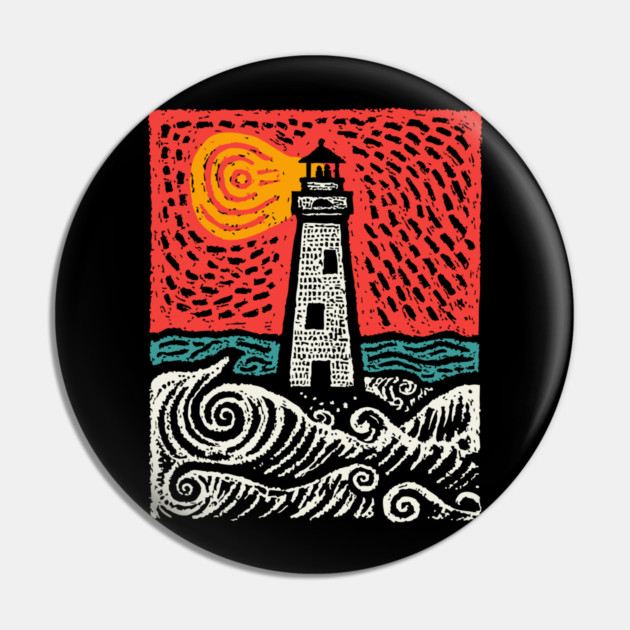 Beacon in the Storm | Linocut Lighthouse Art Pin by TuncGK