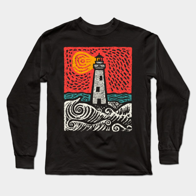 Beacon in the Storm | Linocut Lighthouse Art Long Sleeve T-Shirt by TuncGK