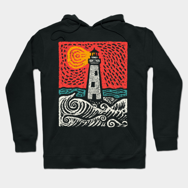 Beacon in the Storm | Linocut Lighthouse Art Hoodie by TuncGK