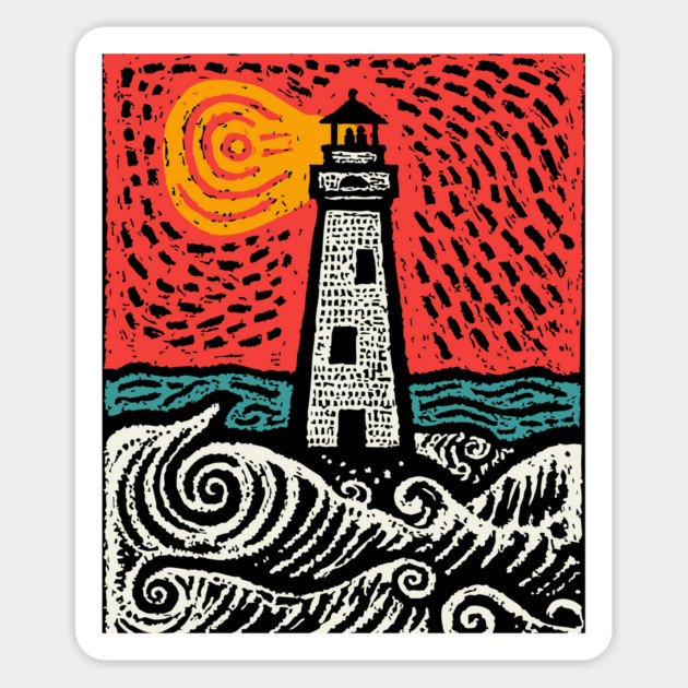 Beacon in the Storm | Linocut Lighthouse Art Magnet by TuncGK