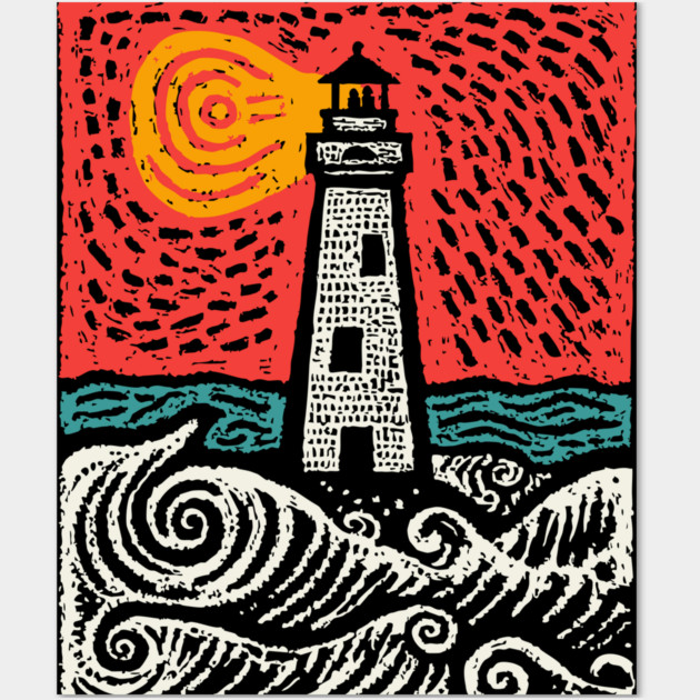 Beacon in the Storm | Linocut Lighthouse Art Wall Art by TuncGK
