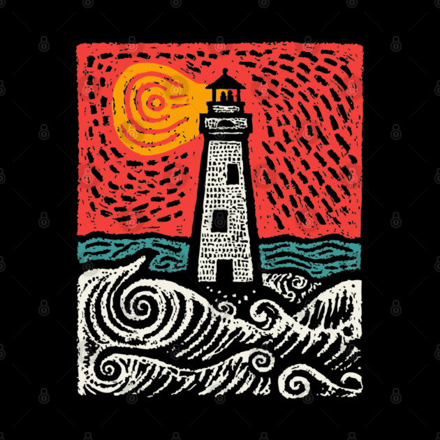 Beacon in the Storm | Linocut Lighthouse Art by TuncGK