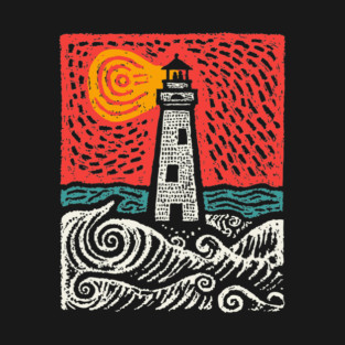 Beacon in the Storm | Linocut Lighthouse Art T-Shirt