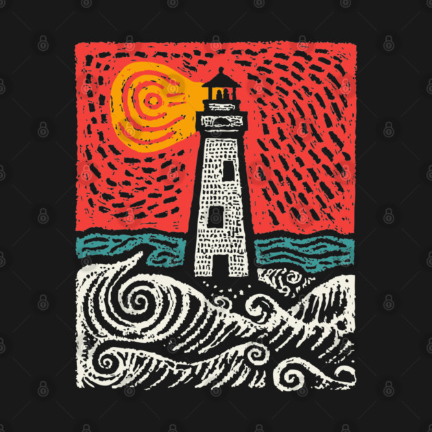 Beacon in the Storm | Linocut Lighthouse Art by TuncGK