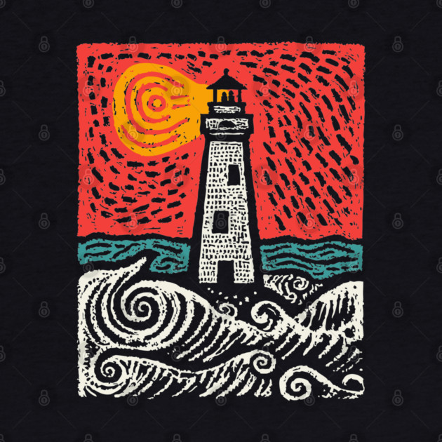 Beacon in the Storm | Linocut Lighthouse Art by TuncGK