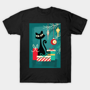 MCM Mid century modern style black cat under the Christmas Tree T-Shirt