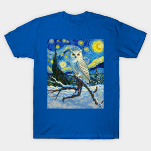 Snowy Owl with Cypress Tree in Starry Night Winter Landscape T-Shirt
