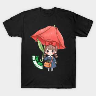 Big Dreams – Cute Girl with Flower Umbrella and Cat T-Shirt