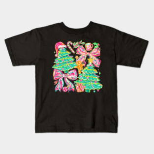 Floral Preppy Christmas Tree Bow Gingerbread Cute Holiday Aesthetic Winter Season Kids T-Shirt