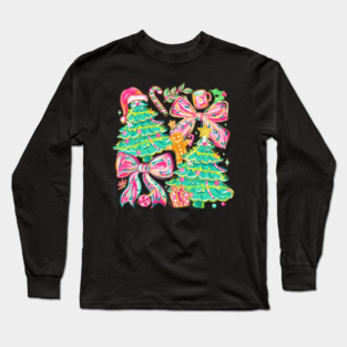 Floral Preppy Christmas Tree Bow Gingerbread Cute Holiday Aesthetic Winter Season Long Sleeve T-Shirt