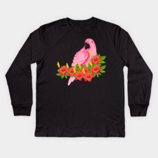 Tropical Pink Parrot Floral Kids Long Sleeve T-Shirt