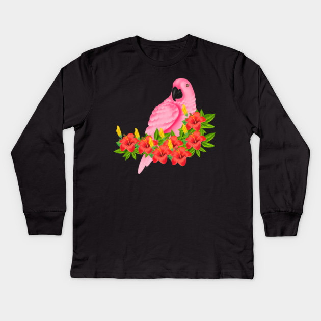 Tropical Pink Parrot Floral Kids Long Sleeve T-Shirt by logiamerch