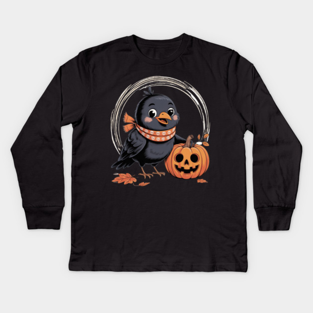 Crow and Pumpkin Kids Long Sleeve T-Shirt by Creatifly Graphic Tees