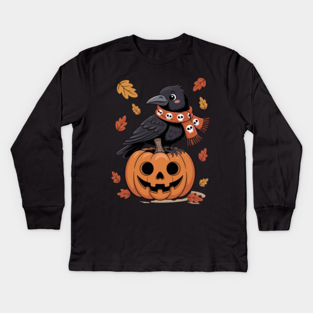 Crow and Pumpkin Kids Long Sleeve T-Shirt by Creatifly Graphic Tees