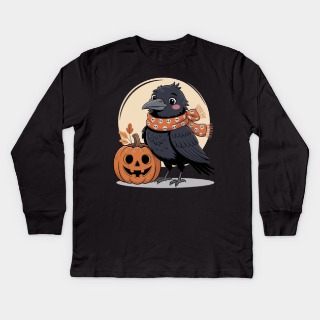 Crow and Pumpkin Kids Long Sleeve T-Shirt by Creatifly Graphic Tees