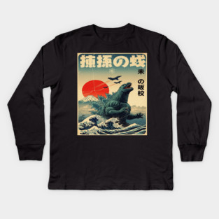 Kaiju Monster Tee - Vintage Japan Ocean Waves Art Kids Long Sleeve T-Shirt