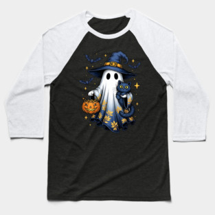 Halloween Ghost Witch Holding Black Cat Funny Halloween Baseball T-Shirt
