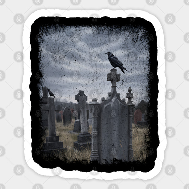 Crows Perch on Graves In The Cemetery, spooky design Sticker by Luxinda
