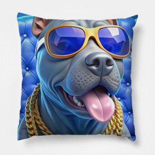 Blue Nose Pitbull with Gold Chains and Shades – Funny Cool Dog Art with Hip-Hop Vibes Pillow