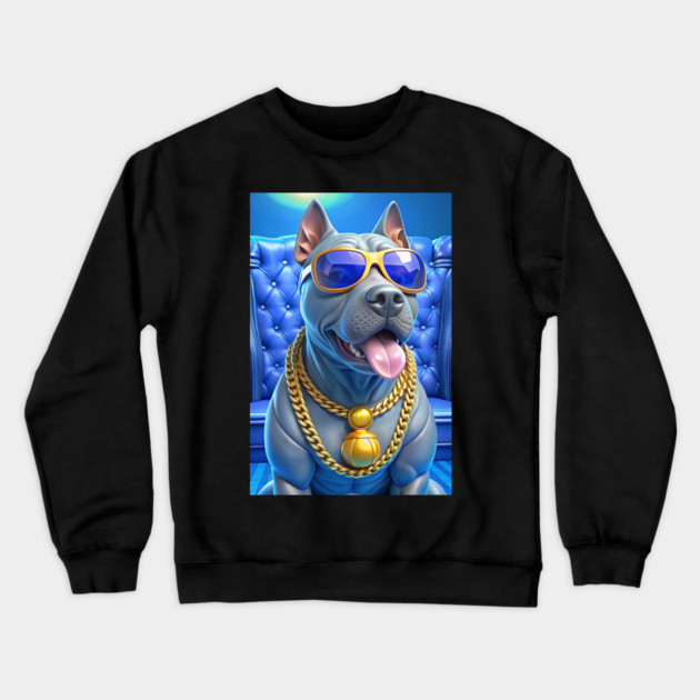 Blue Nose Pitbull with Gold Chains and Shades – Funny Cool Dog Art with Hip-Hop Vibes Crewneck Sweatshirt by IamActiveDog