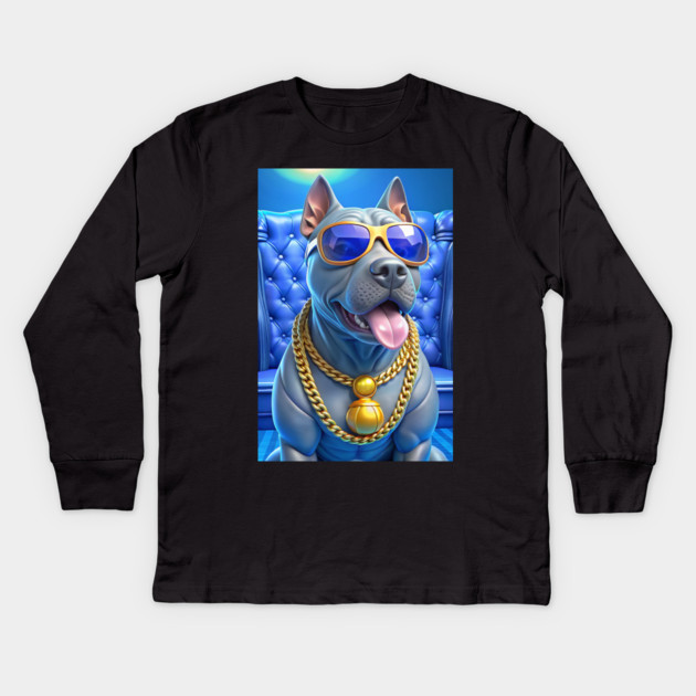Blue Nose Pitbull with Gold Chains and Shades – Funny Cool Dog Art with Hip-Hop Vibes Kids Long Sleeve T-Shirt by IamActiveDog