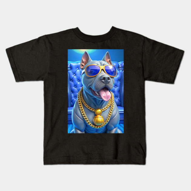 Blue Nose Pitbull with Gold Chains and Shades – Funny Cool Dog Art with Hip-Hop Vibes Kids T-Shirt by IamActiveDog