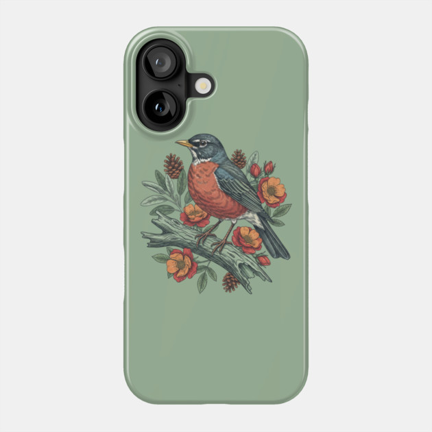 Botanical American Robin Bird Art Phone Case by BirdsnStuff
