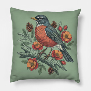 Botanical American Robin Bird Art Pillow