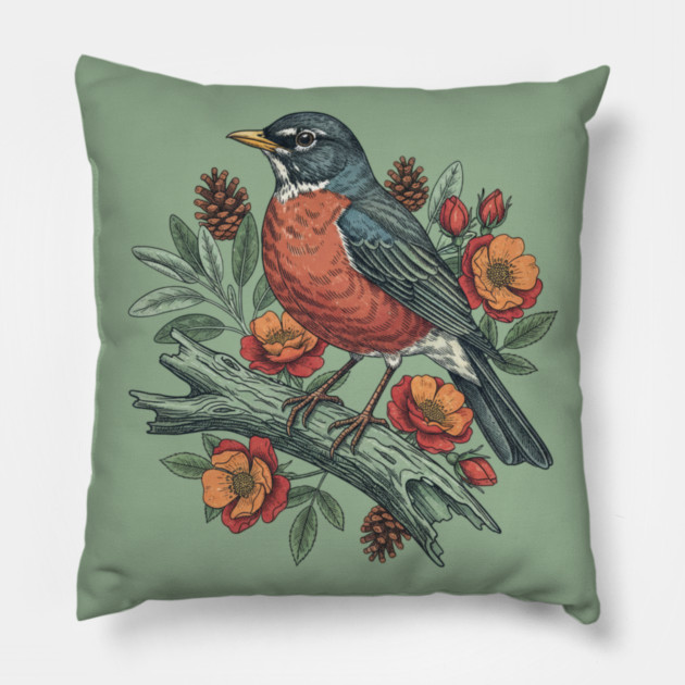 Botanical American Robin Bird Art Pillow by BirdsnStuff