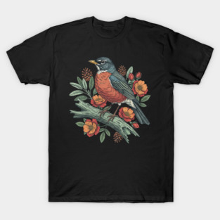 Botanical American Robin Bird Art T-Shirt