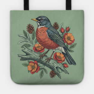 Botanical American Robin Bird Art Tote
