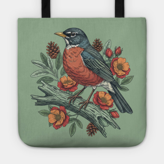 Botanical American Robin Bird Art Tote by BirdsnStuff