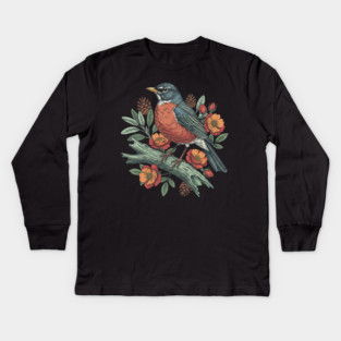 Botanical American Robin Bird Art Kids Long Sleeve T-Shirt