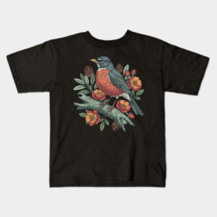 Botanical American Robin Bird Art Kids T-Shirt