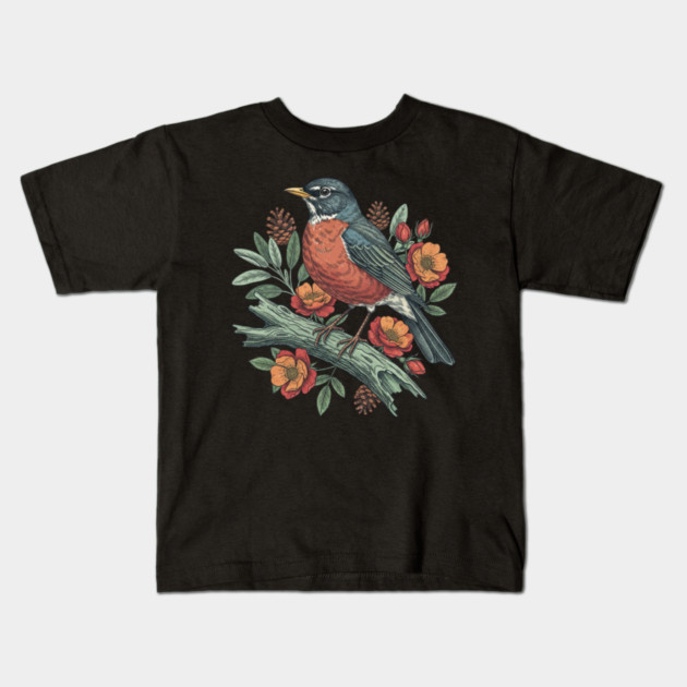Botanical American Robin Bird Art Kids T-Shirt by BirdsnStuff