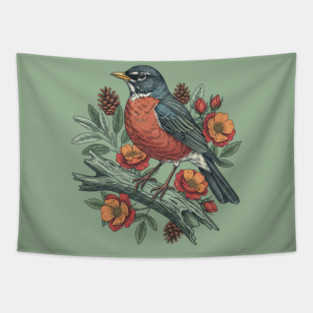 Botanical American Robin Bird Art Tapestry
