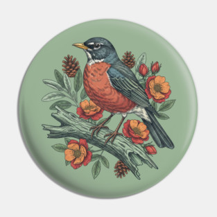 Botanical American Robin Bird Art Pin