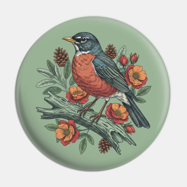 Botanical American Robin Bird Art Pin by BirdsnStuff