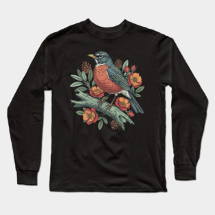 Botanical American Robin Bird Art Long Sleeve T-Shirt