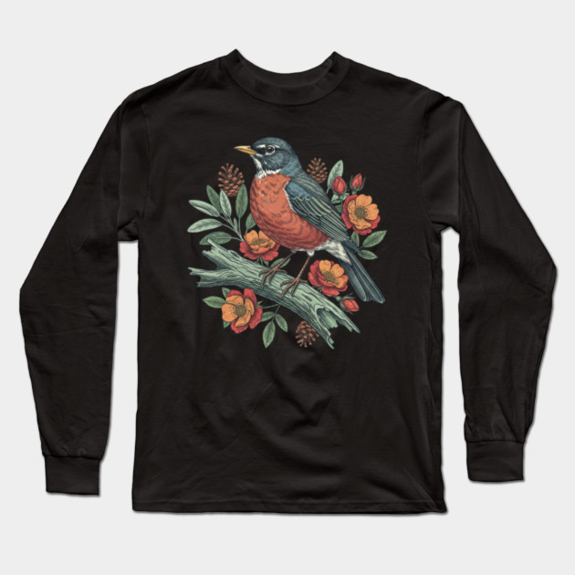 Botanical American Robin Bird Art Long Sleeve T-Shirt by BirdsnStuff
