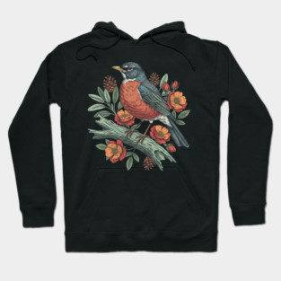 Botanical American Robin Bird Art Hoodie