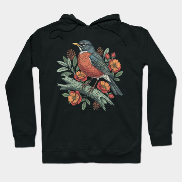Botanical American Robin Bird Art Hoodie by BirdsnStuff