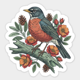 Botanical American Robin Bird Art Magnet