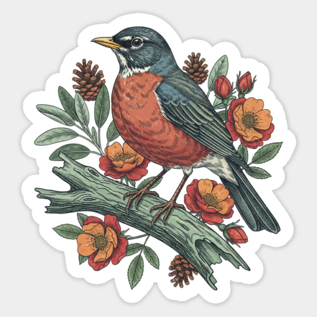 Botanical American Robin Bird Art Magnet by BirdsnStuff