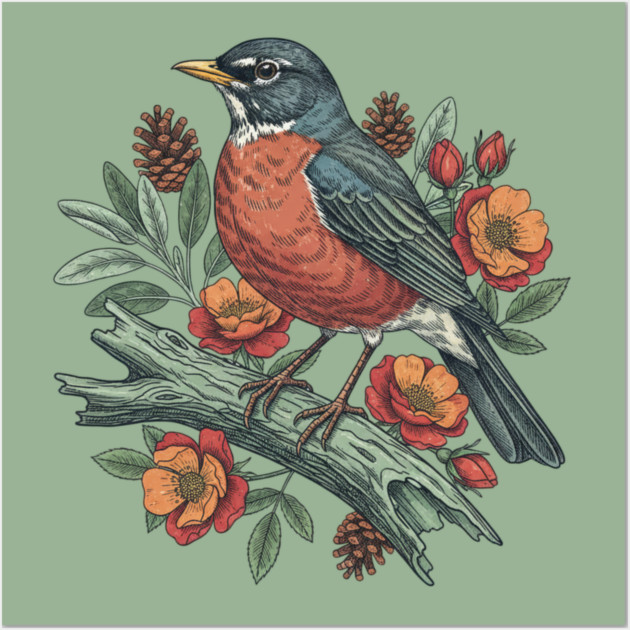 Botanical American Robin Bird Art Wall Art by BirdsnStuff