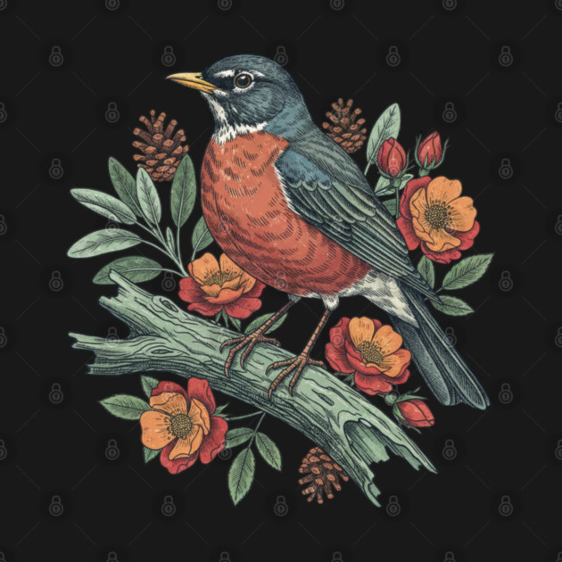 Botanical American Robin Bird Art by BirdsnStuff
