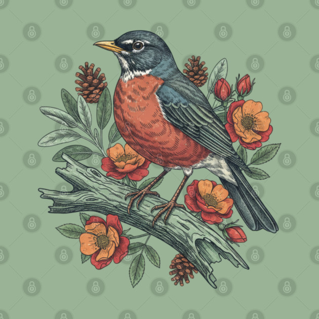 Botanical American Robin Bird Art by BirdsnStuff